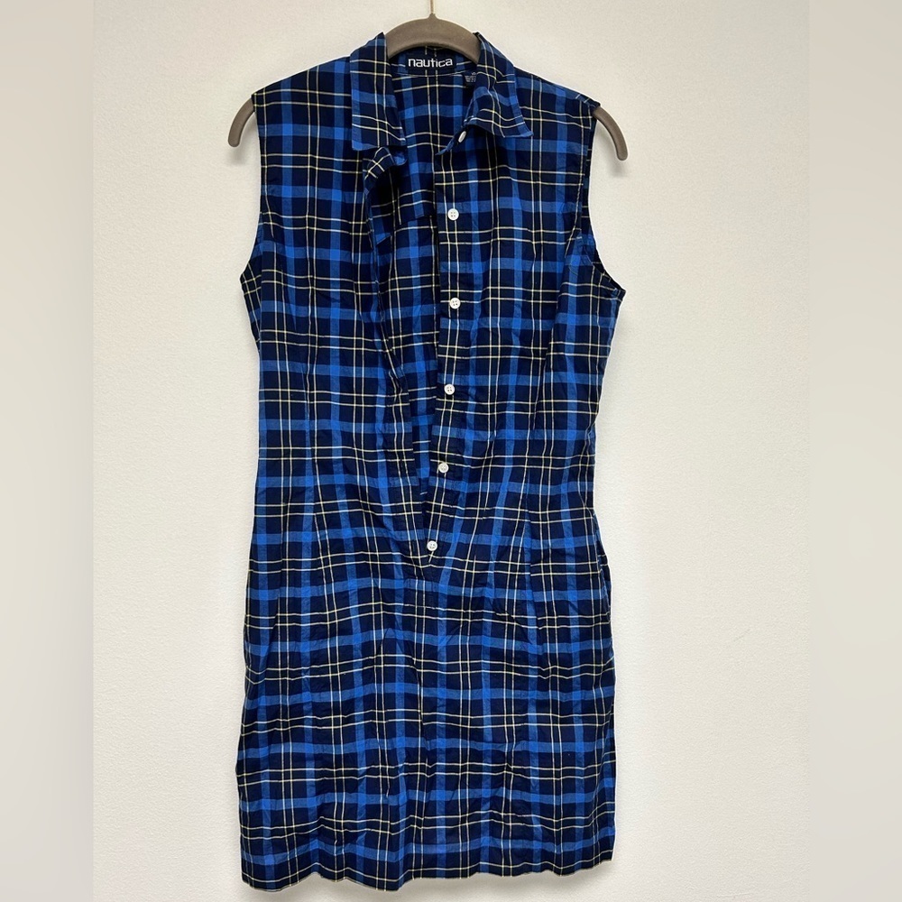 Nautica Blue Yellow Flannel Print Sleeveless Button Down Shirt Dress 10 NWOT - Picture 2 of 8